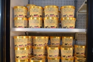 The shelves are stocked with Blue Bell ice cream at Bruce’s Market Basket in Groves. Mary Meaux/The News 