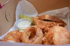 A peek inside a to-go box at Monceaux’s. Mary Meaux/The News 