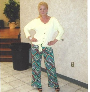 St. Charles Women’s Guild member Deborah Carter models palazzo pants at the group’s 2015 style show. Courtesy photo