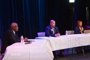 Port Arthur mayoral candidates Harold Doucet, left, Derrick Freeman and Janice Milo field questions during a political forum hosted by the Port Arthur Alumnae Chapter of Delta Sigma Theta Sorority at Lamar State College Port Arthur’s Performing Arts Center on Tuesday.   Mary Meaux/The News