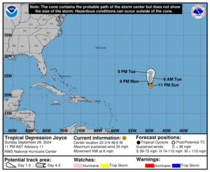 Sunday, Sep 29 update: Latest on Tropical Depression Joyce from the NHC