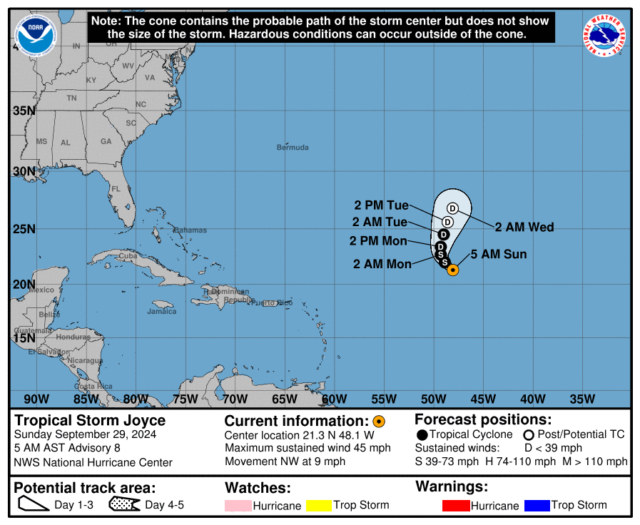 Sunday, Sep 29 update: Latest on Tropical Storm Joyce from the NHC