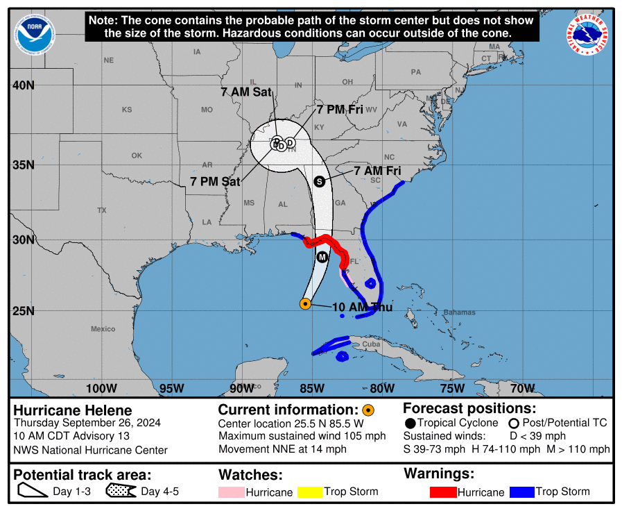 Thursday, Sep 26 update from the National Hurricane Center: Latest on Category 2 Hurricane Helene