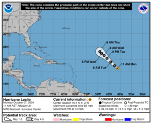 Latest update from the National Hurricane Center on Category 1 Hurricane Leslie for Monday, Oct 7