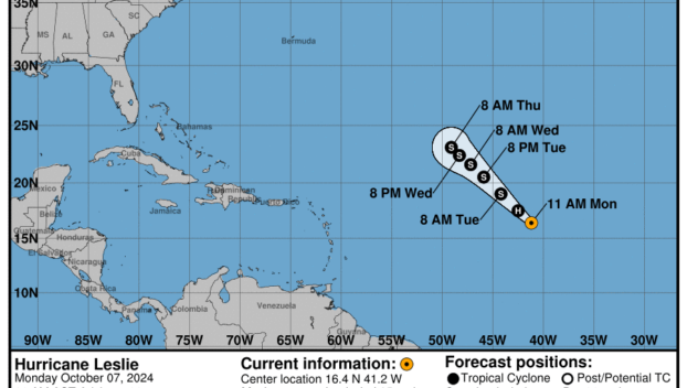 Latest update from the National Hurricane Center on Category 1 Hurricane Leslie for Monday, Oct 7