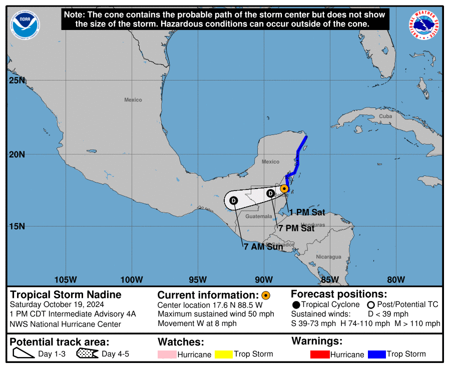 Latest update from the National Hurricane Center on Tropical Storm Nadine for Saturday, Oct 19