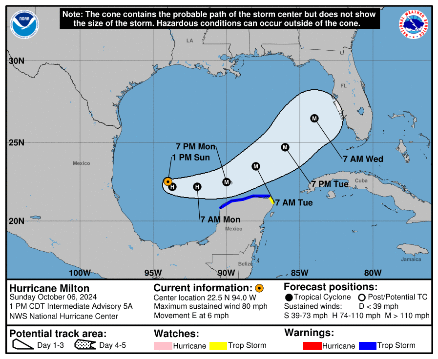 Sunday, Oct 6 update: Latest on Category 1 Hurricane Milton from the National Hurricane Center