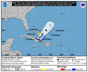 Tropical Storm Oscar: Monday, Oct 21 update from the NHC on latest developments