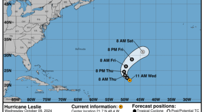 Wednesday, Oct 9 update: Latest on Category 1 Hurricane Leslie from the NHC