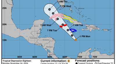 Monday, Nov 4 update from the National Hurricane Center: Latest on the Tropical Depression