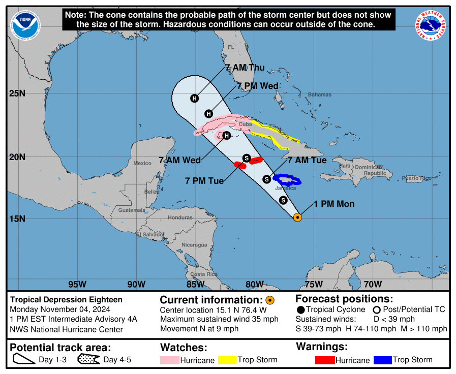 Monday, Nov 4 update from the National Hurricane Center: Latest on the Tropical Depression