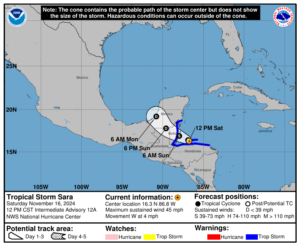 Progress report on Tropical Storm Sara: Saturday, Nov 16 update from the NHC