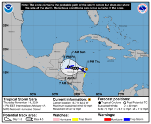 Thursday, Nov 14 update: Latest on Tropical Storm Sara from the National Hurricane Center