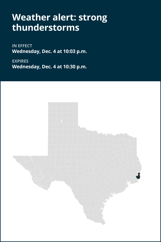 Weather alert issued for strong thunderstorms in Southeast Texas Wednesday night