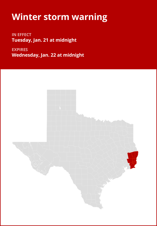 Southeast Texas under a winter storm warning Tuesday and Wednesday