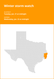 Winter storm watch for Southeast Texas for Tuesday and Wednesday – up to 7 inches of snow